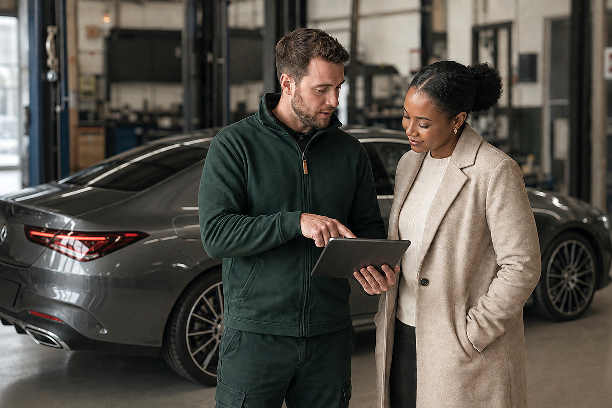 Vehicle adviser explaining a repair estimate to a customer beside a Mercedes CLA.