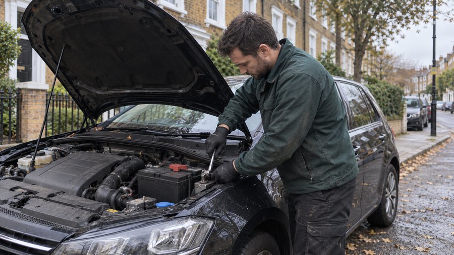 A technician working on a car battery at the kerbside on a London street