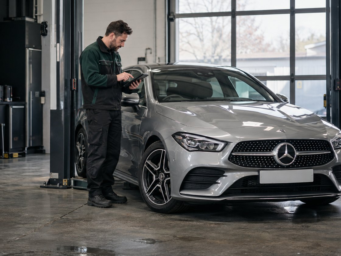 A technician with a tablet inspecting a silver Mercedes saloon inside a workshop