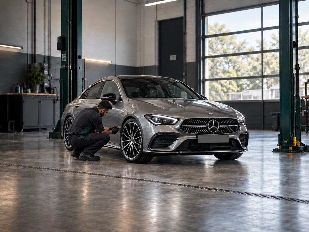 Technician checking the front wheel of a grey Mercedes CLA in a repair workshop.